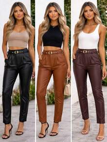 Zhara Women's High-Waisted Faux Leather Riding Pants With Belt, Skinny Synthetic Leather Pants, Tailored Style, Perfect Fit, Elegant Casual Chic Look, Autumn/Winter Fashion - 駝色 - 查看 2