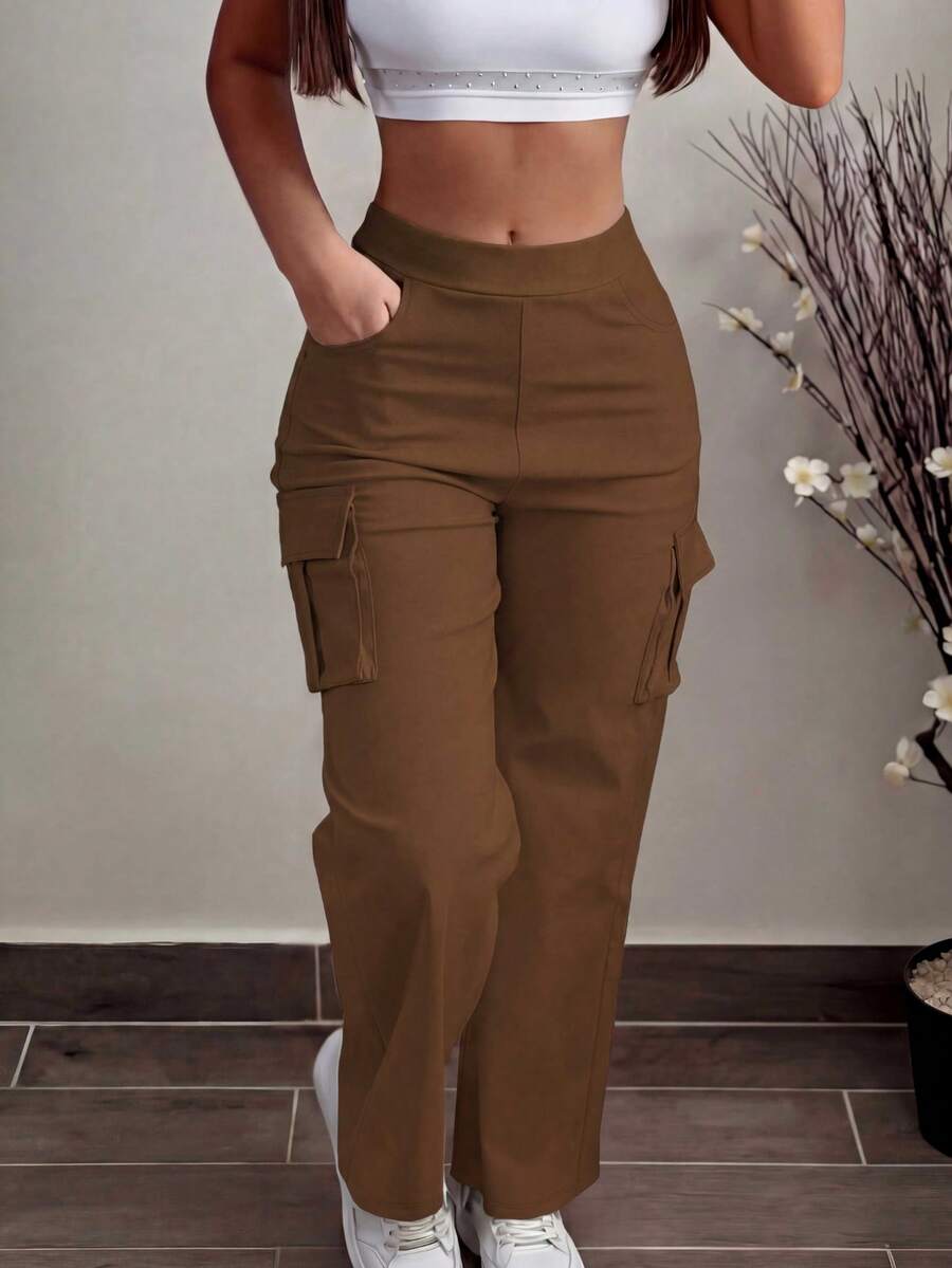 Women's Casual Plain Color Utility Pocket Pants, Versatile For Daily Wear, Spring/Autumn/Winter - Maroon - View 1