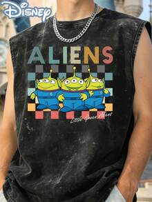 Disney Toy Story Aliens Officially Licensed Men's Sleeveless Graphic Tee, 100% Cotton 230g Washed Vintage Casual Shirt - 黑色 - 查看 2