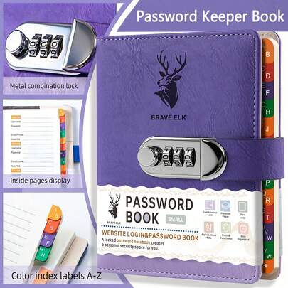 Libro de contraseñas con candado de cuero de PU, estilo de alce morado, libro de gestión de contraseñas de cuentas, libro de registro de contraseñas de cuentas, cuaderno de secretos empresariales, libro de notas, adecuado para registrar tus propios pequeños secretos y talla grande adecuado como regalo para amigos.