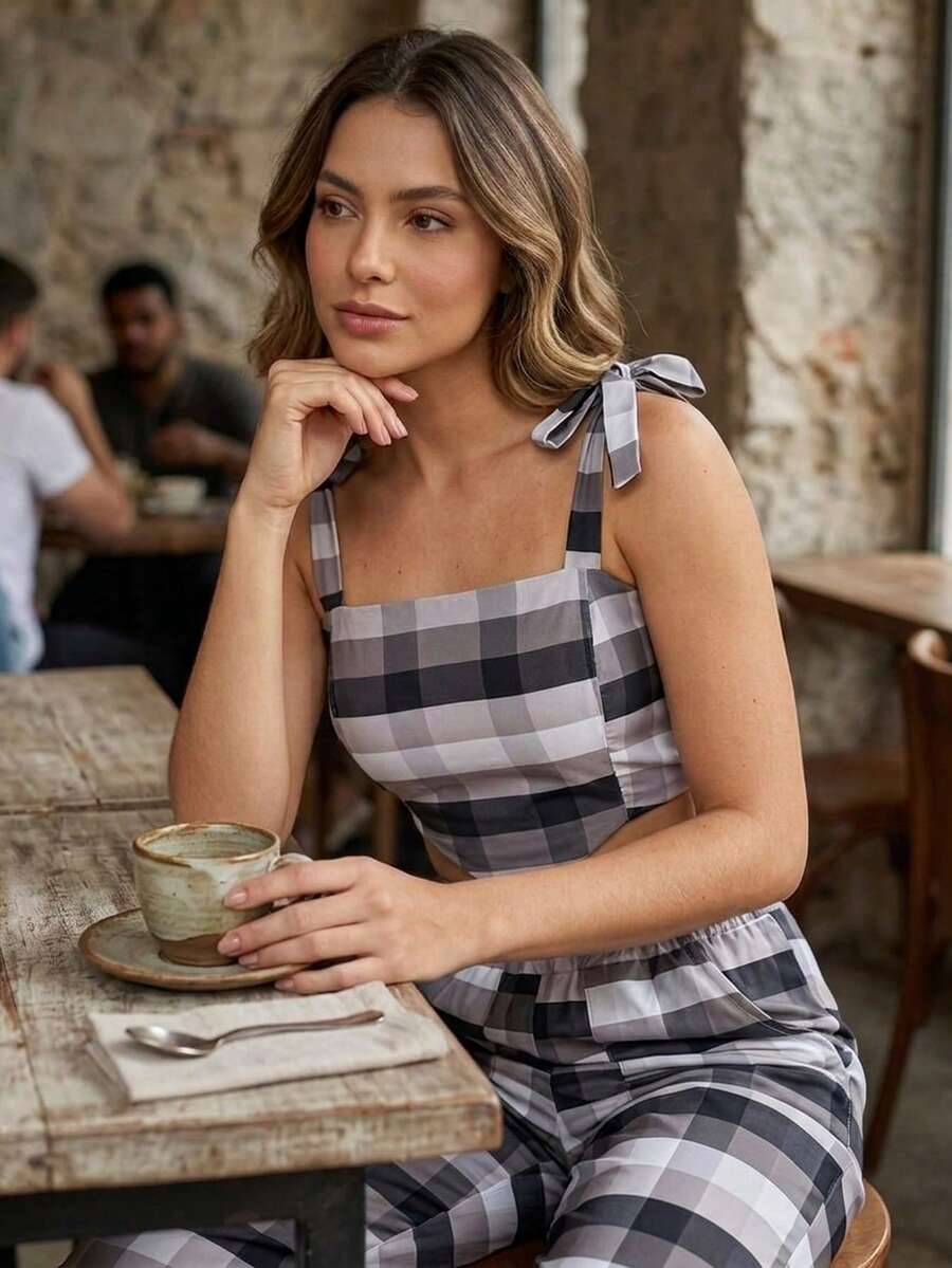 Women's Outfit In Vibrant Colorful Checkered Patterns, Perfect For An Elegant June Festival. - 黑棋 - 查看 1