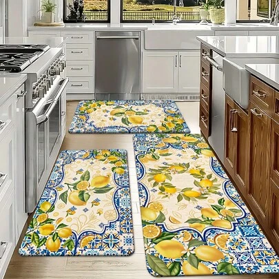 Kitchen Rug Set Lemon Pattern Tile Design Decorative Floor Flannel Mat For Living Room Bedroom Kitchen Dining Room Entryway Bathroom Laundry Room Non Slip Backing Home Decor Suitable For Spring And Summer Use