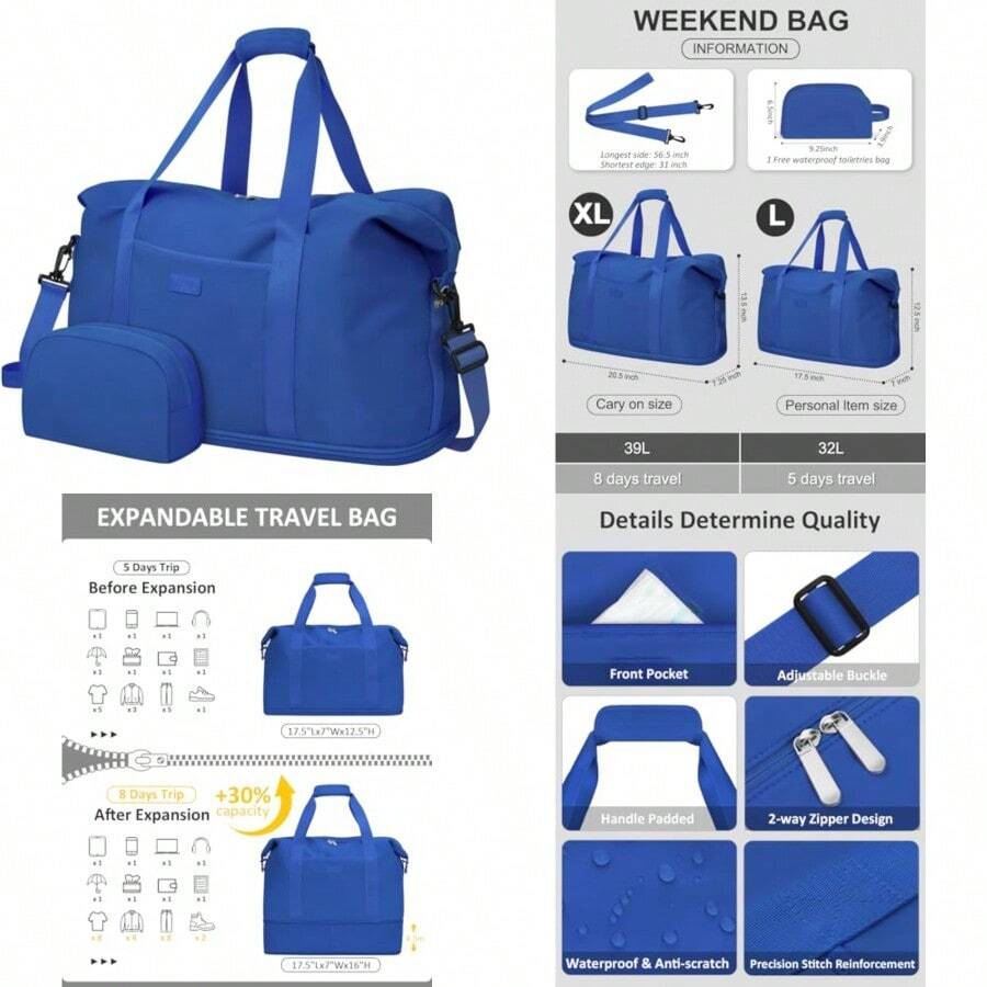 Bolsas de viaje expandibles para mujer para el fin de semana para el hospital para mujeres para entrega de mano de obra con bolsa de aseo impermeable Large - azul real - Ver 1