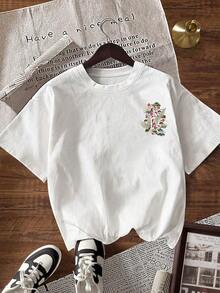 Camiseta casual versátil de mujer con cuello redondo y manga corta, con estampado de letras y frutas-Vintage Street Style Unisex Loose Cotton Short Sleeve Crew Neck T-Shirt - Blanco - Ver 2