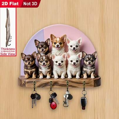 2D Flat, 1 Pc, Chihuahua Themed Key Holder Hook, Wooden Multi-Function Home Key Rack With 4 Metal Hooks, Wall Decor, Porch Decor, Room Decor, Kitchen Decor, Villa Decor, Year-Round Home Decor