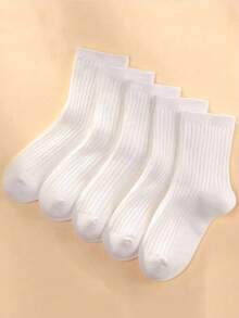 5 Pairs Women's Black & White Vertical Stripe Mid-Calf Socks, One Size 35-43, Couple Long Socks, 1/5/10/20/Pairs - White - View 2