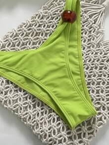 Conjunto de biquíni elegante em tecido liso com detalhes em miçangas redondas, ideal para férias de verão e resorts de praia. - Verde Lima - Ver 10