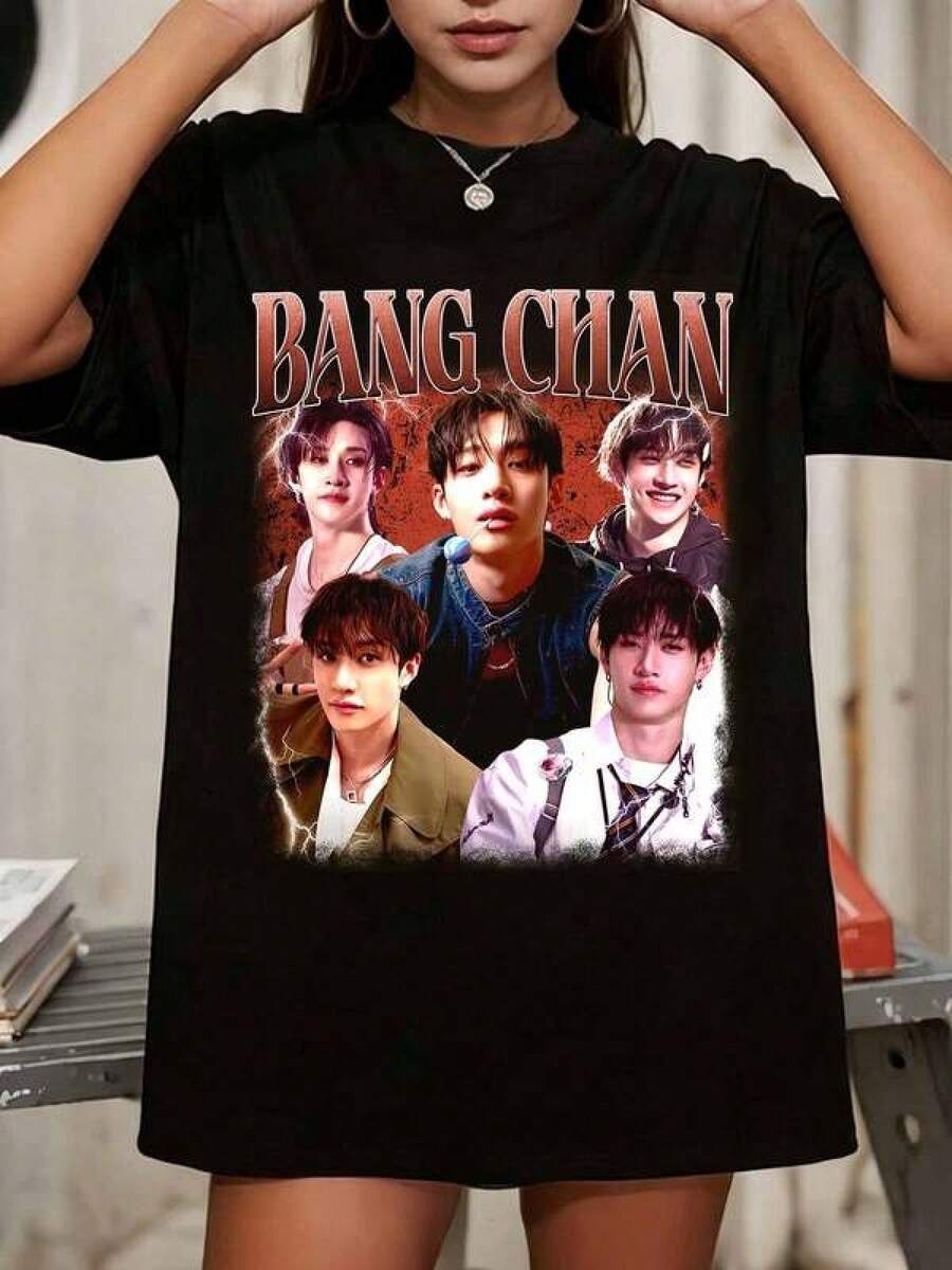 UNISEX T-SHIRT, Retro BangA Chan StraysKids T-Shirt, Unisex K-Pop T-Shirt, 100% Cotton, Round Neck, Short Sleeves, Classic Style, Concert T-Shirt, Comfortable And Casual, Suitable For All Seasons, Party T-Shirt, Couple T-Shirt, Perfect Gift, No.050 - Black - View 1