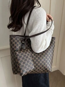 Mala tote de grande capacidade com estampa de letras, abertura com fecho de correr, leve e de estilo minimalista, mala de ombro com acessórios de ferragens metálicas. - Café - Ver 3