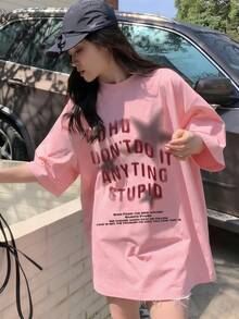 Women's Casual Loose Fit Round Neck Letter & Star Print Short Sleeve T-Shirt, Versatile For Spring/Summer - Baby Pink - View 4