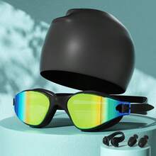 Juego de 4 piezas / Gafas de natación y gorros de natación para adultos - Gafas de natación impermeables y antivaho para carreras, gafas de natación con protección para piscina con marcos grandes, gafas de natación de alta definición - Multicolor - Ver 3