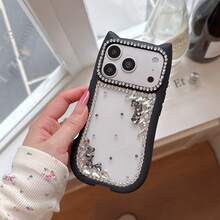 Casing Ponsel Motif Telinga Kucing dengan Bingkai Hitam dan Berlian Imitasi, Kompatibel dengan iPhone 17 Pro Max, 17 New, 16 Pro Max/15 Pro Max, Pelindung Ponsel Mewah dan Elegan, Kompatibel dengan iPhone 14/13 - Hitam - View 4