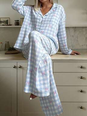 Nina Bonheur 2pcs Women Loose Comfortable Breathable Long Sleeve Top And Long Pants Pajama Set, Cute Home Wear, For Her