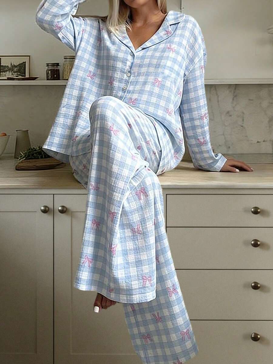 Nina Bonheur Bộ đồ ngủ nữ 2 món gồm áo dài tay và quần dài, rộng rãi, thoải mái, thoáng khí, dễ thương để mặc ở nhà.