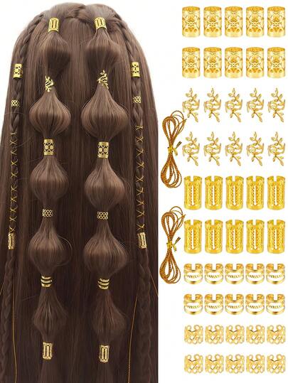 52pcs Multi-Shape Adjustable Alloy Hair Ties, With 2pcs Strings, Bohemian Style Hair Accessories For Men & Women, Suitable For Braids