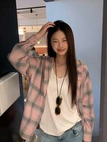 A Pink Hooded Plaid Shirt Paired With A Loose-Fitting, Versatile Long-Sleeved Jacket. - Pink - View 3