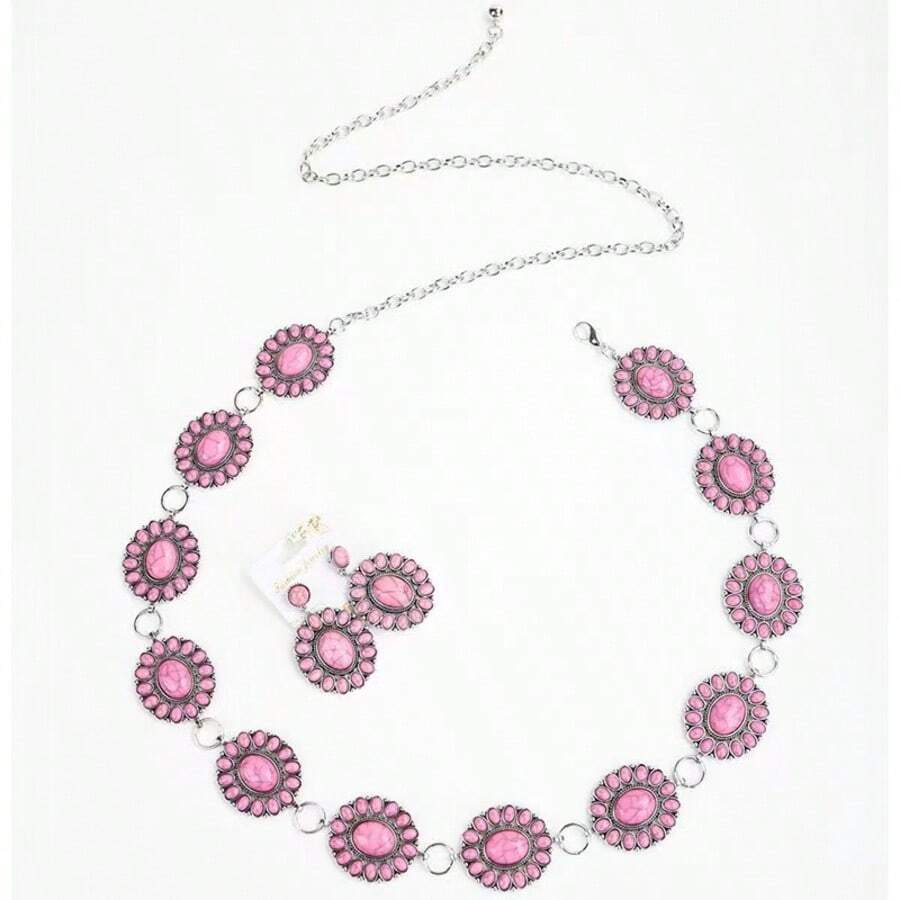 Dây đeo eo hình trái tim màu đỏ in họa tiết cổ điển, hợp kim bạc vàng, dùng cho Halloween, đám cưới, ngày lễ hoặc hàng ngày. - Bộ bông tai dây chuyền thắt lưng màu ngọc lam - Xem 1