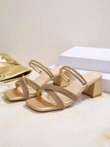 Giày sandal đế dày mũi vuông đính pha lê, quai chéo, kiểu dáng mùa hè mới, thời trang, thanh lịch và thoải mái. - Vàng - Xem 4
