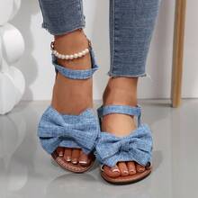 Sandalias de estilo bohemio con lazo suave, sandalias planas romanas versátiles de punta abierta para mujer en verano - Azul - Ver 3
