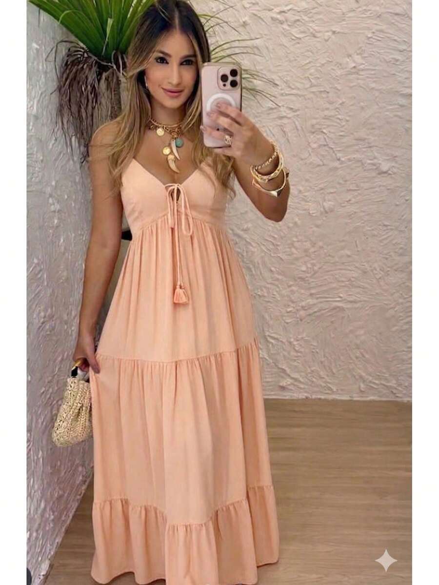Women's Long Dress, Flowing Style, Thin Straps, V-Neck With Front Tie, Elastic Back - Fits Sizes 36 To 42. - 鮭魚 - 查看 1