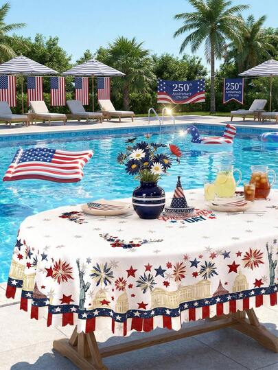 1 Pieza Mantel redondo y rectangular con estampado patriótico del 250 aniversario, estilo bandera americana de poliéster resistente al agua, a las manchas y lavable, reutilizable para la Independencia del 4 de julio, el Día de los Caídos, el Día del Trabajo, primavera, verano, fiesta al aire libre, barbacoa, decoración del hogar, comedor