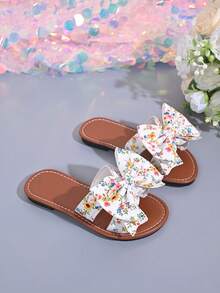 Ultra-Thin Breathable Sole Bowknot Design Girls' Open Toe Sandals, New Summer Style, Soft Bottom, Sweet Floral Princess Shoes, Suitable For Toddler To Big Kids, Can Be Worn Indoors And Outdoors - Beige - View 3