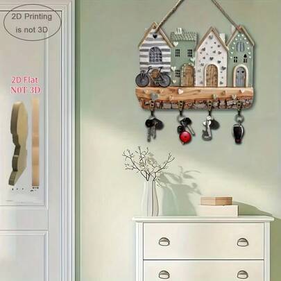 1 chiếc giá treo chìa khóa bằng gỗ phẳng 2D trang trí nhà cửa/kiểu cổ điển - Giá treo chìa khóa bằng gỗ có móc kim loại, trang trí kiểu nhà nông thôn, thích hợp cho lối vào, hiên nhà, phòng khách - Trang trí nhà theo mùa