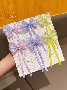 6pcs Colorful Bowknot Ribbon Hair Clips, Sweet Style Hair Accessories Suitable For Daily Use - Multicolor - View 3