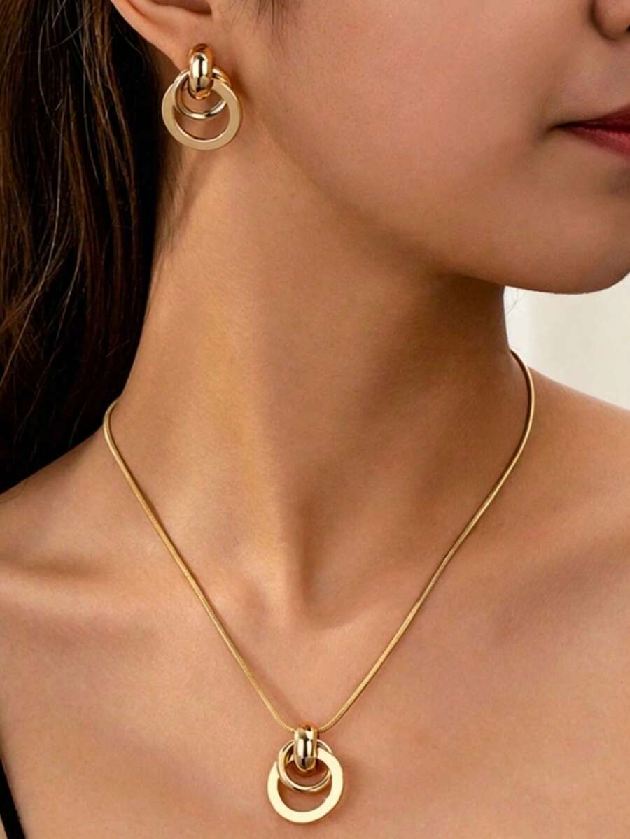 Bộ trang sức gồm dây chuyền và bông tai hình tròn hình học bằng kim loại, kiểu dáng thanh lịch, phong cách Âu Mỹ, thích hợp làm quà tặng cho bạn gái hoặc bạn thân. - Vàng - Xem 1