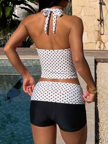 Maiô Feminino, Elegante e Sexy Estampa de Bolinhas Vermelhas com Alças Acolchoadas e Shorts, Adequado para Férias, Praia, Natação, Esportes, Adequado para Outono/Inverno e Primavera/Verão (SS26) Branco - Branco - Visão 3