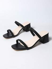 Giày cao gót nữ màu đen cổ điển mới, kiểu dáng slip-on, hai quai mỏng đan xen, gót vuông, dễ mang và tháo, thanh lịch và đẹp mắt, đa năng cho các hoạt động hàng ngày, đám cưới, mua sắm, hẹn hò, tiệc tùng, công sở, giày mule thoải mái cả ngày. - màu đen - Xem 2