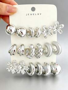 6-18pcs Silver C-Shape/Five-Leaf Flower/Cat Claw/Water Drop/Ball Stud Earrings Set, Fashionable & Elegant, Suitable For Summer And Various Occasions - Silver - View 6