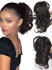 Elegant Claw Clip Ponytail - Short Curly Wavy Look, Synthetic Hair Extensions For Daily Chic, Easy-To Attach Hair Accessory For AlI Occasions - Black-brown - Xem 9