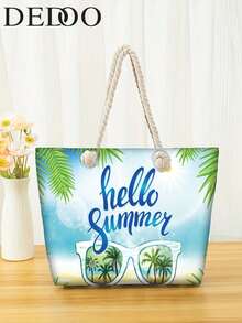Dedoo 这款时尚的沙滩主题帆布手提包饰有海星和椰子树印花。提手采用厚实的米白色棉绳，固定在包口处。这是一款实用单肩包，非常适合夏季海滩度假和旅行。 - 彩色 - 查看 2