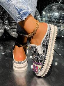 Women's Boho Sequin Platform Slip OnMules, Colorful Embroidered ChunkySole Casual Walking Shoes For Festival - Silver - View 5