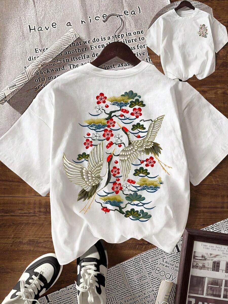 Camiseta casual versátil de mujer con cuello redondo y manga corta, con estampado de letras y frutas-Vintage Street Style Unisex Loose Cotton Short Sleeve Crew Neck T-Shirt - Blanco - Ver 1