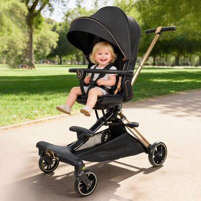 baotongtong Hochlandschaft Kinderwagen für Babys, Ein-Hand Kompaktfaltbar mit Höhenverstellbarem Sitz, Umsetzbare Sitzeinheit & Liegefunktion, All-Terrain Räder mit Sonnenschutz, Ideal für Reisen, Spaziergänge & Camping, Modernes & Ergonomisches Design