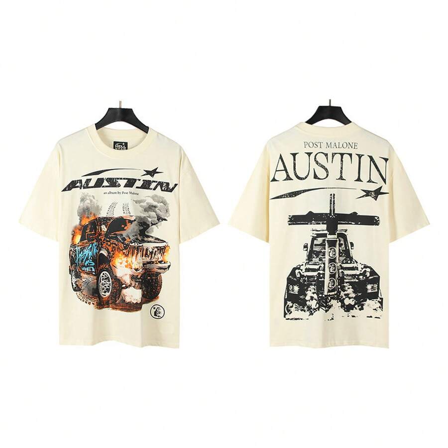 HellST Vintage Streetwear T-Shirt, 100 Percent Cotton Casual Loose Top, Unisex Couple Matching Tee - A762杏色 - 查看 1