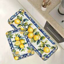 1pc/2pcs 1.2cm Pattern With Traditional Lace And Lemons, Kitchen Floor Flannel Mats, Suitable For Living Room, Kitchen, Bedroom, Laundry Room, Room Decoration, Home Decoration, Multiple Size Options, Decorative Kitchen Floor Flannel Mats - Multicolor - View 3
