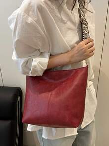 几何图案肩带单肩包，大容量斜挎包，女士复古风单肩包 - 酒紅色 - 查看 4