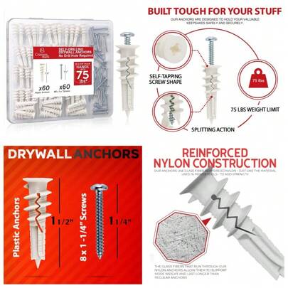 120-Pack #8 X 1-1/4" Self-Drilling Drywall Anchors & Screws Kit, Heavy-Duty Wall Anchor Holds Up To 75lbs, No Drill Required For Easy Installation