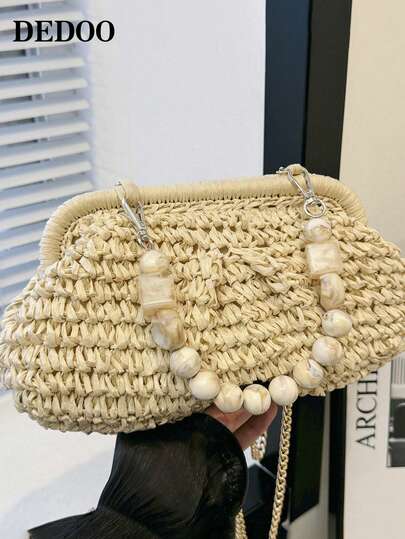 Dedoo Bolso de paja tejido estilo vacaciones campestres, bolso de paja con forma de nube para debajo del brazo con cadena de cuentas, lindo bolso pequeño de hombro con estilo único de vacaciones de verano, adecuado para citas, viajes, cafés y otras ocasiones