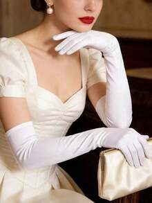1 Pair Women's White Elastic Satin Long Elbow Length Gloves - 白色 - 查看 3