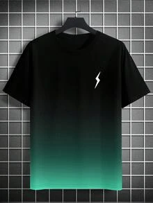 Camiseta de manga corta con cuello de tripulación con estampado de rayos en degradado de talla grande para hombres - Verde - Ver 2