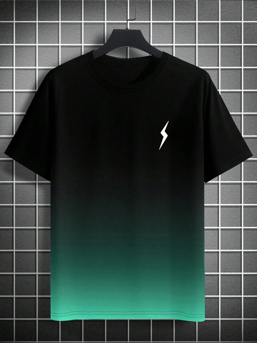 Camiseta de manga corta con cuello de tripulación con estampado de rayos en degradado de talla grande para hombres