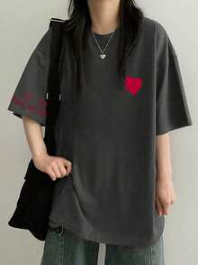 Kaos Wanita Longgar Leher Bulat Lengan Pendek dengan Motif Huruf & Hati, Modis untuk Musim Semi/Panas Kasual - Dark Grey - View 3