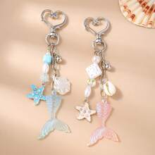 1件美人鱼尾巴、海星和贝壳钥匙扣吊坠，少女海洋风包包挂饰，夏季沙滩配饰 - 彩色 - 查看 1