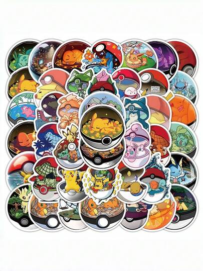 pokemon 50张可爱宝可梦精灵球贴纸，防水，适合DIY装饰滑板、手机、电脑、自行车、冰箱、学生用品、夏季装饰，水彩贴纸、日记贴纸、可爱动物贴纸、花朵贴纸，也适用于水瓶、笔记本电脑、笔记本、手机、行李箱、冰箱等。