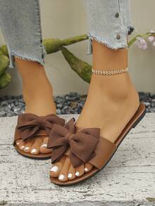 Women's Summer Fashion Flat Bow Strap Sandals, New Summer Essential Slides - Brown - View 1