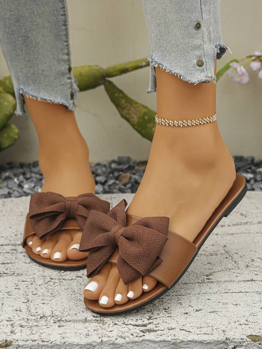 Women's Summer Fashion Flat Bow Strap Sandals, New Summer Essential Slides - Brown - View 1